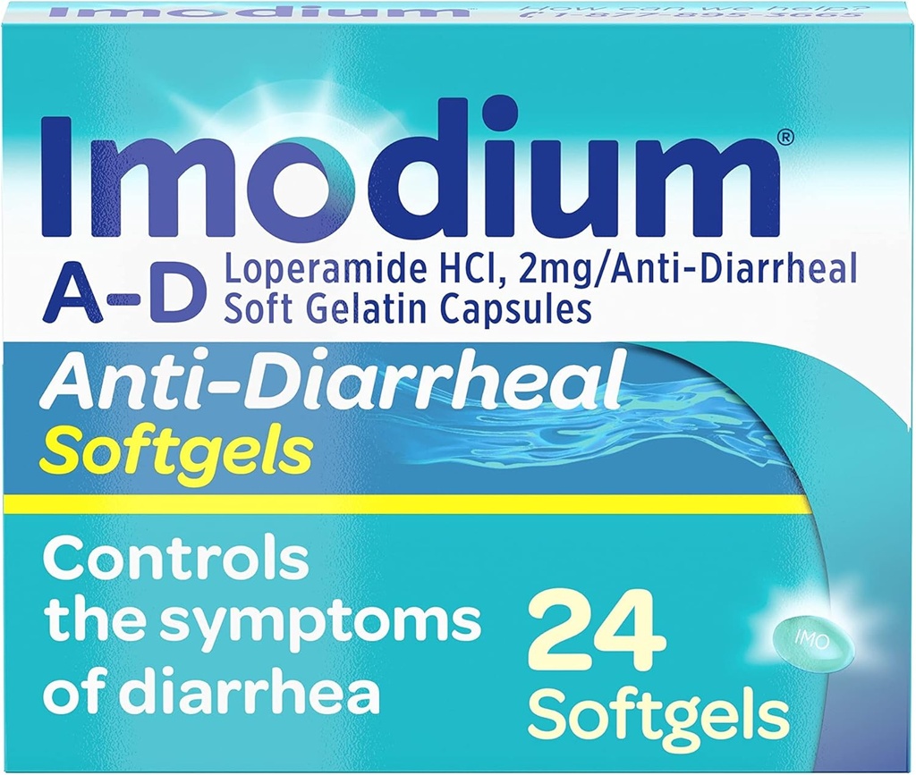 Imodium A-D Fast-Acting Anti-Diarrheal Softgels, Loperamide HCl 2 mg, Travel Essential Diarrhea Relief Medicine for Adults, 24 Count, Anti Diarrhea Pills, Ages 12+, Easy to Swallow