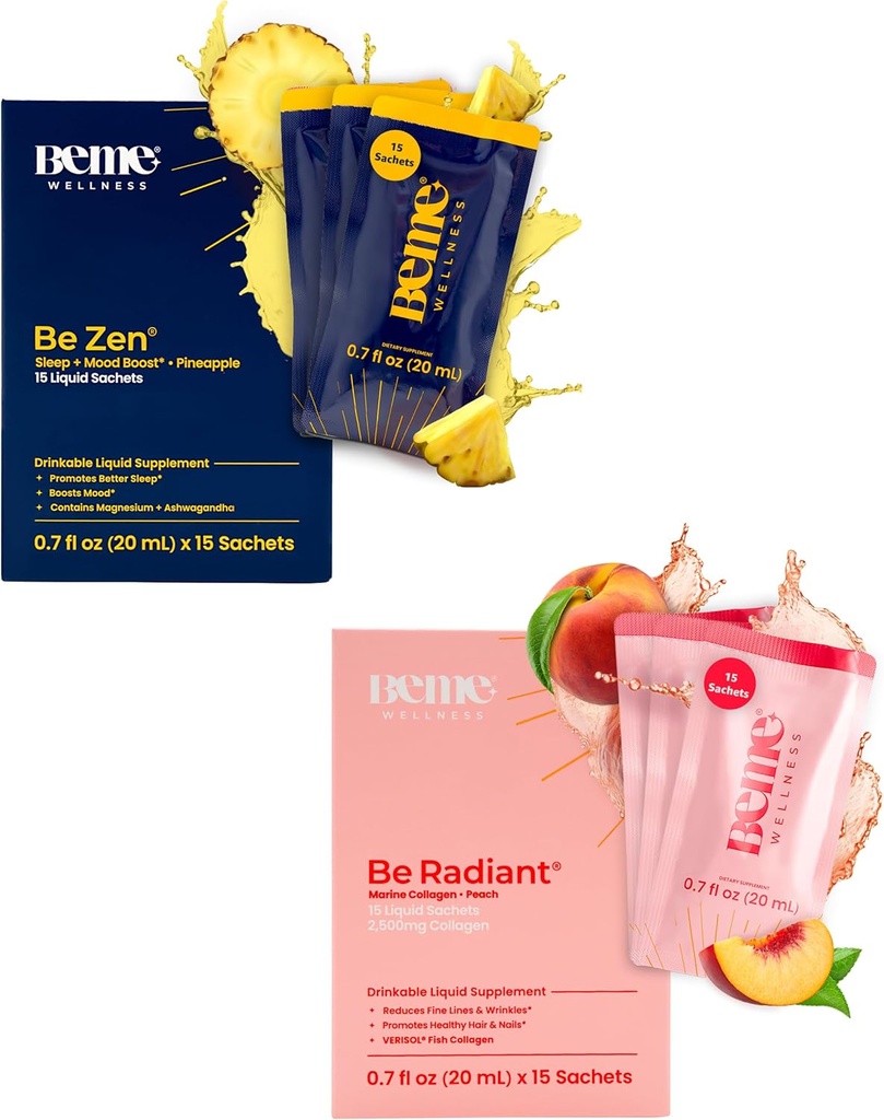 BeMe BeRadiant Peach " BeZen Bundle - Liquid Collagen " Magnesium Glycinate L-Theanine Supplements