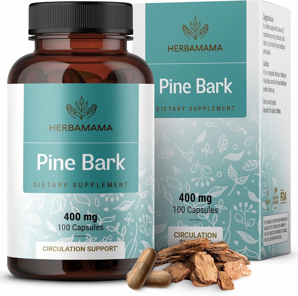 HERBAMAMA Pine Bark Extract Capsules - 400mg Francés Marítimo Pine Bark Extract Powder para Antioxidante Soporte - Vegan, No GMO Pinus Pinaster Suplemento
