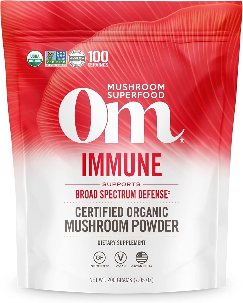 OM MUSHROOM SUPERFOOD Immune Blend Mushroom Powder Superfood Supplement, 7.05 Ounce Pouch, 100 Servings, Mushroom Blend, Reishi & Turquía Tail; Daily Immune Support Supplement