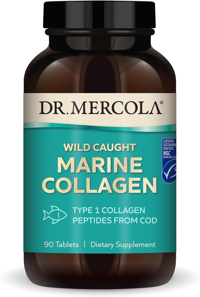 Dr. Mercola Wild Caught Marine Collagen, 30 Servings (90 Tablets), Tipo I Collagen Peptides, Suplemento dietético, promueve la aparición juvenil, no GMO, MSC certificado
