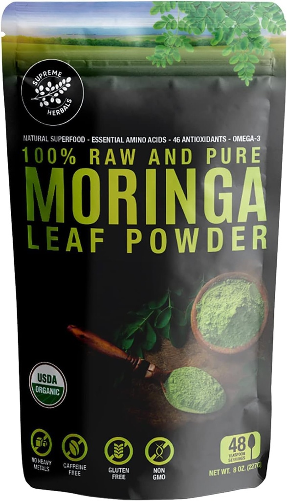 100% Raw and Pure Moringa Leaf Powder. Organic Certified Moringa Leaf. Natural Superfood with Essential Amino Acids, Antioxidants, and Omega 3, 8 oz Resealable Bag.