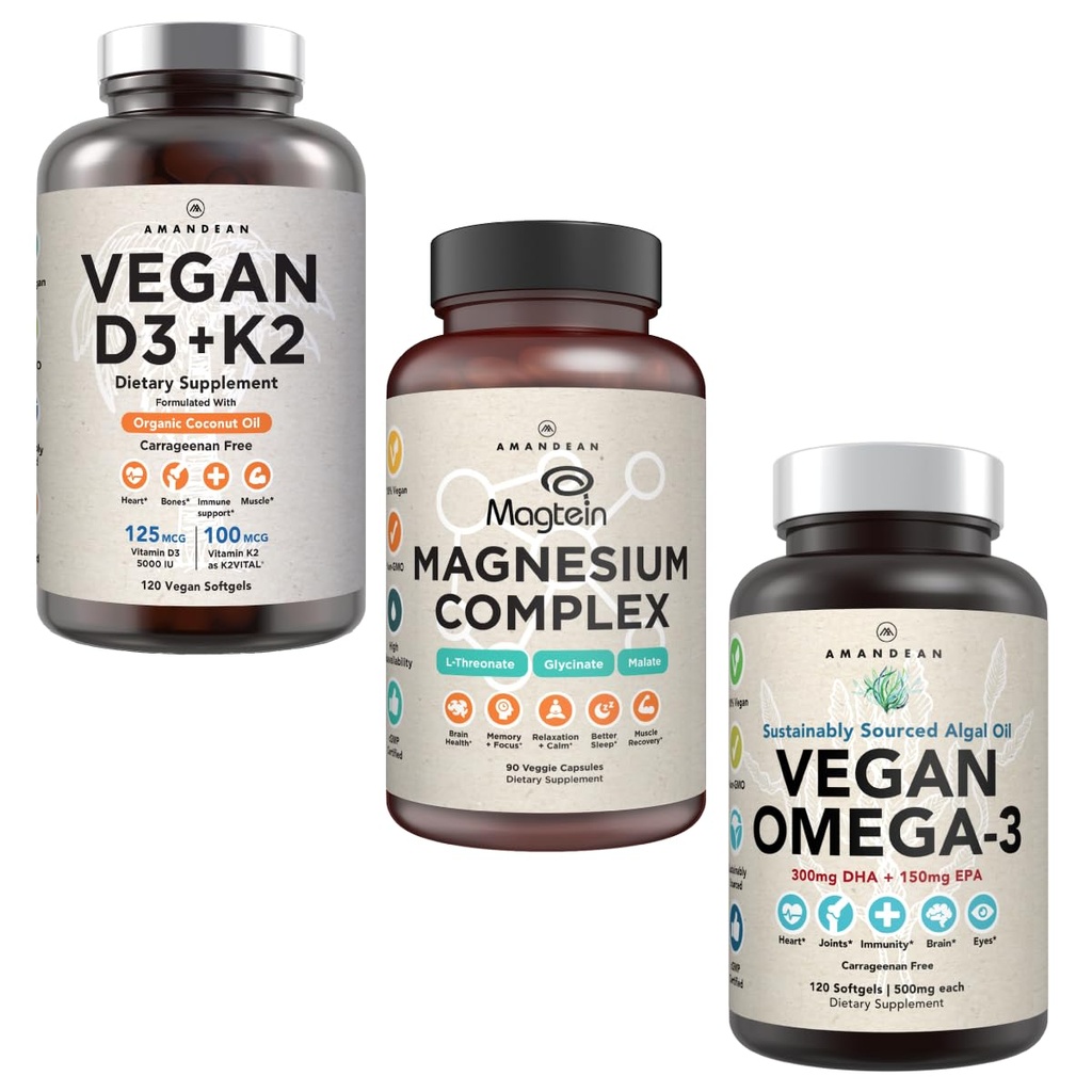 AMANDEAN Premium Magnesium Complex, Vegan Omega 3, Vegan D3+K2 Bundle. Plant-Based Immune Support. Algae DHA & EPA. Quality Sleep, Focus & Mood. Support Healthy Heart, Brain, Joints & Eyes