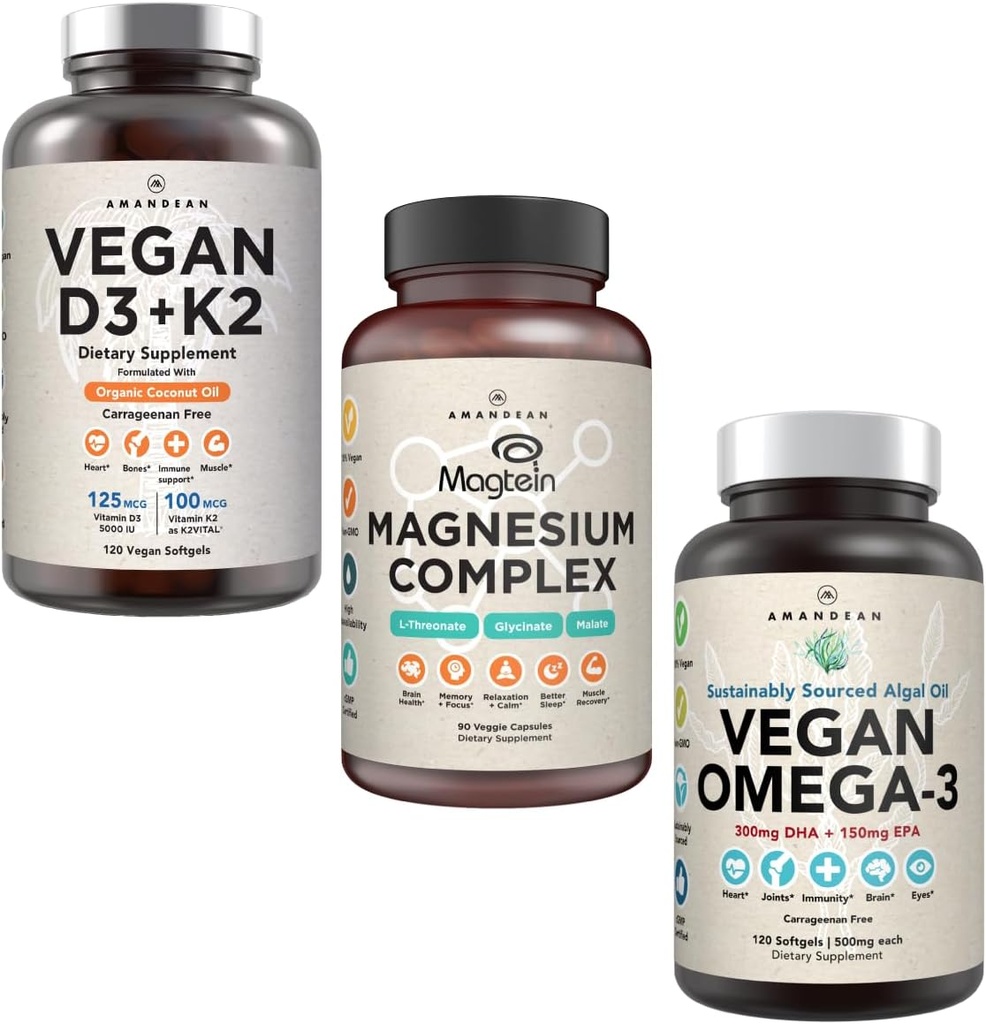 Complejo de Magnesio Premium AMANDEAN, Vegan Omega 3, Vegan D3+K2 Bundle. Soporte inmunológico basado en plantas. Algae DHA &amp; EPA. Sueño de calidad, Focus &amp; Mood. Soporte Corazón saludable, Cerebro, Juntas &amp; Ojos
