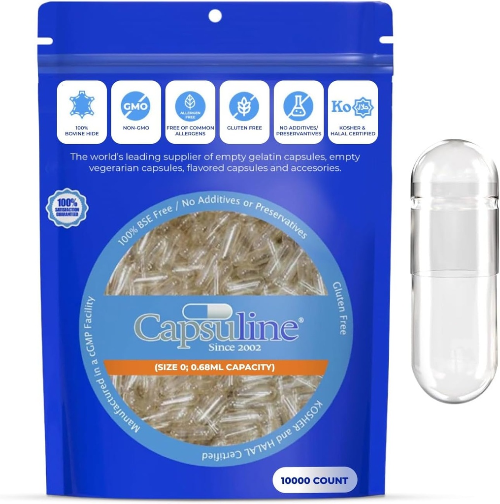 Capsuline Size 0 Empty Gelatin Capsules, Clear - 10000 Count ¦ Gluten Free, Kosher, Non-GMO Certified ← Pure Bovine Pill Caps for DIY Supplement Filling