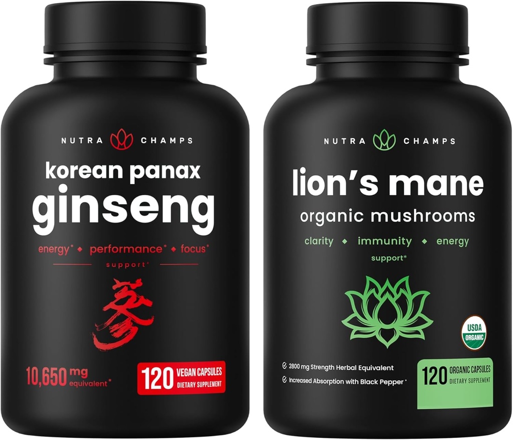 NutraChamps Korean Ginseng Capsules y Lions Mane Capsules 2 Pack Bundle