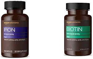Elementos Iron 18mg Capsules, apoya la producción de células rojas de sangre, Vegan (195 conde, 6 meses de suministro) y Elementos Vegan Biotina 5000 mcg - Pelo, Piel, Nails (130 cápsulas, 4 meses de suministro)