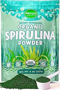 Polvo Espirulina Orgánica de MAJU (2 libras), Verde Rico Oscuro, No Irradiado, No OGM, Vegan, Sin gluten, Tamaño Jumbo
