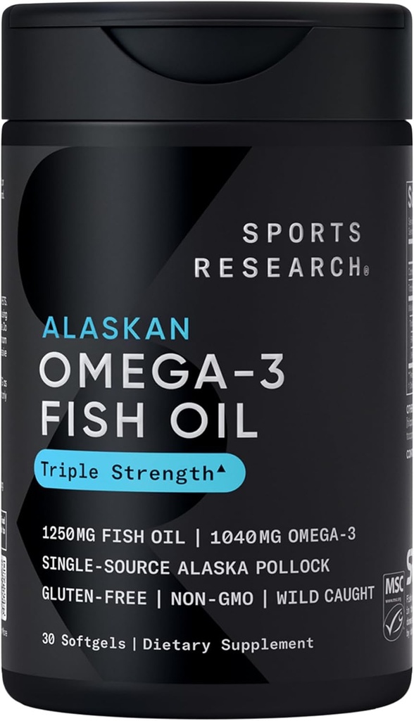 Sports Research Triple Strength Omega 3 Fish Oil 1250mg de Wild Alaska Pollock - Burpless Fish Oil Suplemento con Omega3s EPA & DHA - Fuente sostenible, No GMO, Gluten Free - 30 Softgels