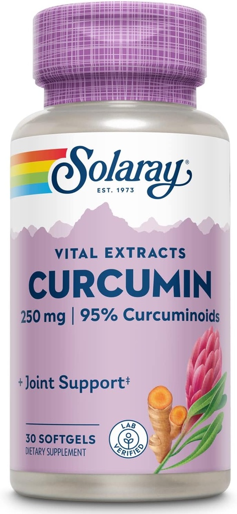 SOLARAY Super Bio Curcumin 250mg Silencio Turmeric Root Extract, 95% Curcuminoides ← Soporte Conjunto Saludable &amp; Más ← 30 Softgels
