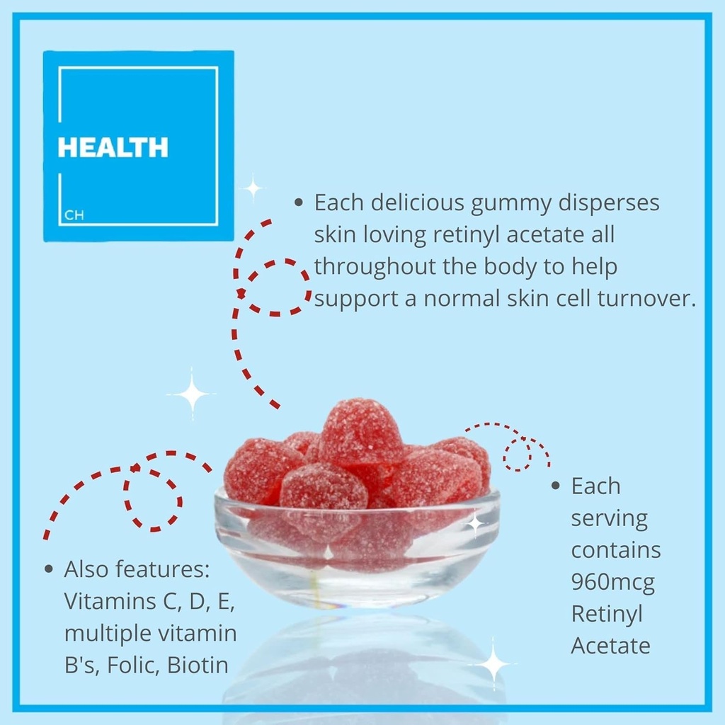 Consult Health Regenerol - Multivitamin Retinol Gummy - Anti-Aging Vitamin A Supplement - Glowing, Joven &amp; Clear Skin Strong Hair &amp; Nails - Vitamina B6, B12, C,D3, Folic Acid, Zinc - 60 Gummies