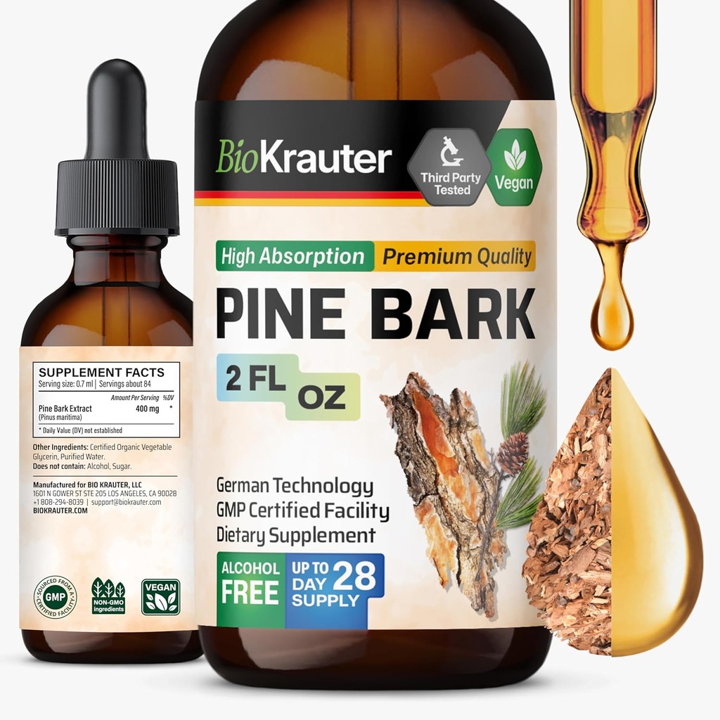 BIO KRAUTER Pine Bark Extract - Rich in Antioxidants Liquid Supplement - 400 mg French Maritime Pine Bark Extract Drops - Vegan, Alcohol &amp; Sugar Gratis - 2 Fl Oz