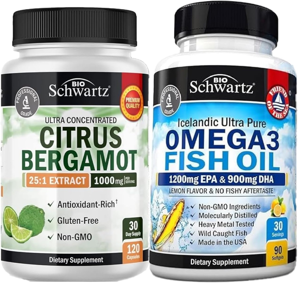 Triple Strength Omega 3 Fish Oil Softgels (1 Month Supply) Plus 1000mg Citrus Bergamot Supplement (1 Month Supply)