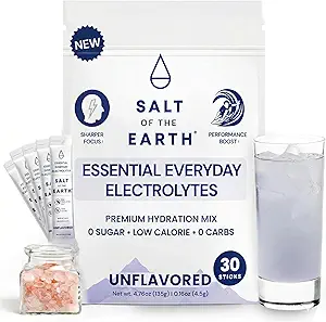 Salt of the Earth Premium Zero-Sugar Electrolyte - Made with Pink Himalayan Salt - Hydration Powder Packets ← Ingredientes Premium TEN Keto & Paleo Friendly TEN 12 Sticks, Unflavored