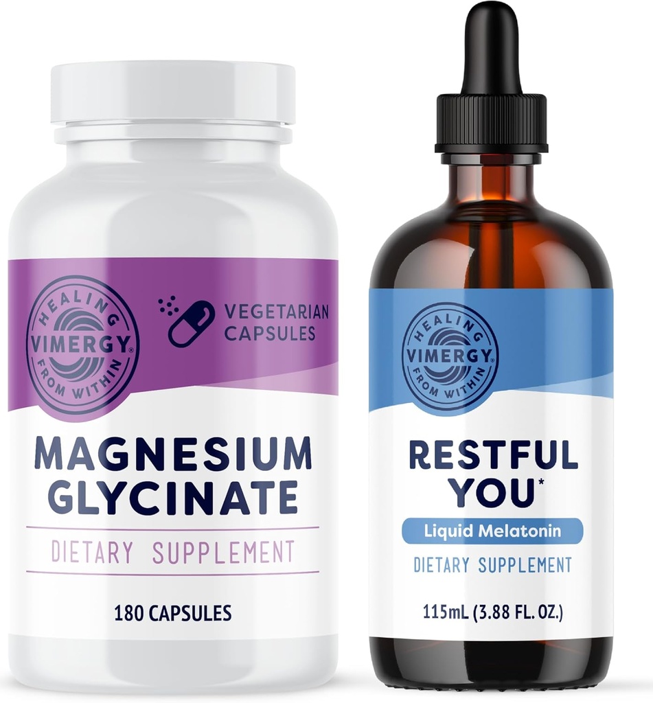 Vimergy Magnesium Glycinate (180 capsules) " Vimergy Restful You* Liquid Melatonin (115 mL) - Bundle
