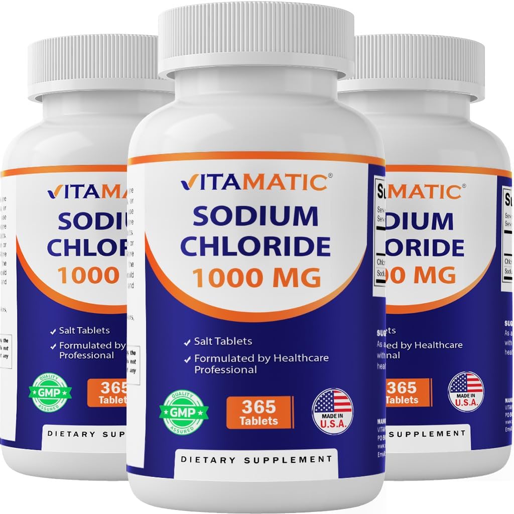 Vitamatic Sodium Chloride 1000mg – 365 Tablets Electrolyte Replenisher & Hydration Support – Non-GMO, Gluten-Free -3 Botellas