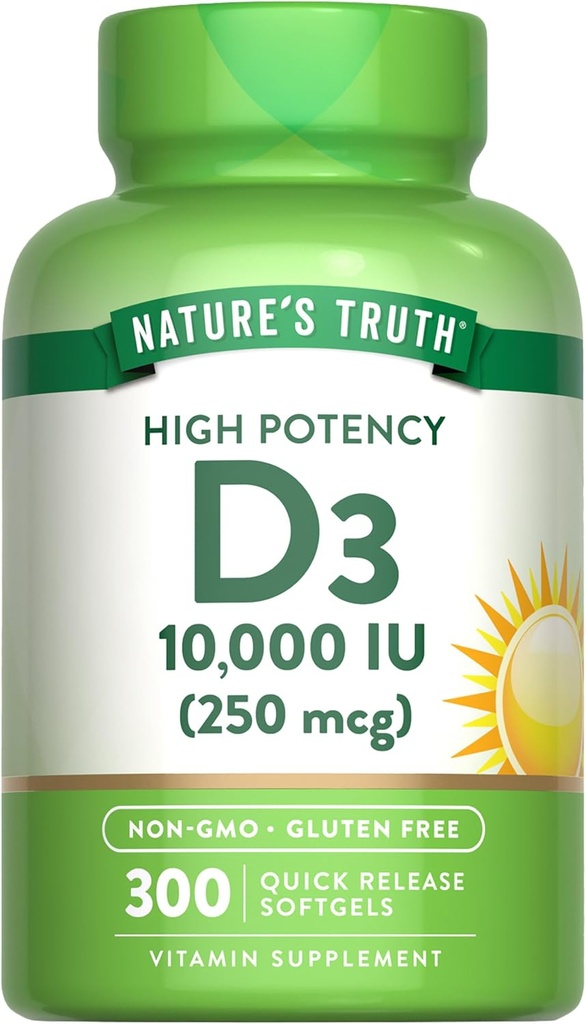 La verdad de la naturaleza Vitamina D3 10000 UI Softgels tención 300 Cuenta  sometida Extra Strength ← No Gluten Suplemento gratuito