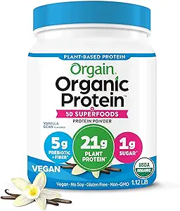 Orgain Orgain Orgánica Vegan Proteína + 50 Superfoods Powder, Vanilla Bean - 21g Proteína con base vegetal, fibra prebiótica 8g, sin ingredientes de lactosa, sin gluten, sin azúcar añadido, 1.12 lb (paquete mayo Vary)