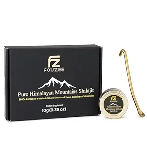 FOUZEE Pure Himalayan Mountains Shilajit - 77% + Fulvic Acid Authentic Hard Consistency, Natural Source of Fulvic Acid, Over 85 Trace Minerals, Incluye Spoon de acero inoxidable (10 Grams)