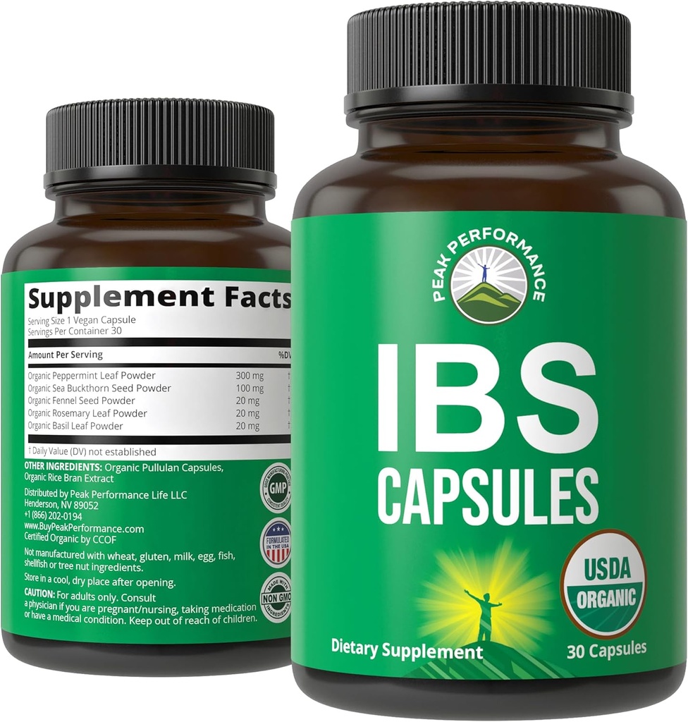 USDA Organic IBS Capsules for Relief, Ingestion, Bloating, Gas. Irritable Bowel Supplement with 5 Handpicked Organic Ingredients. Aceite de menta, Buckthorn de mar, semilla de hinojo, hoja de Rosemary, hoja de basil