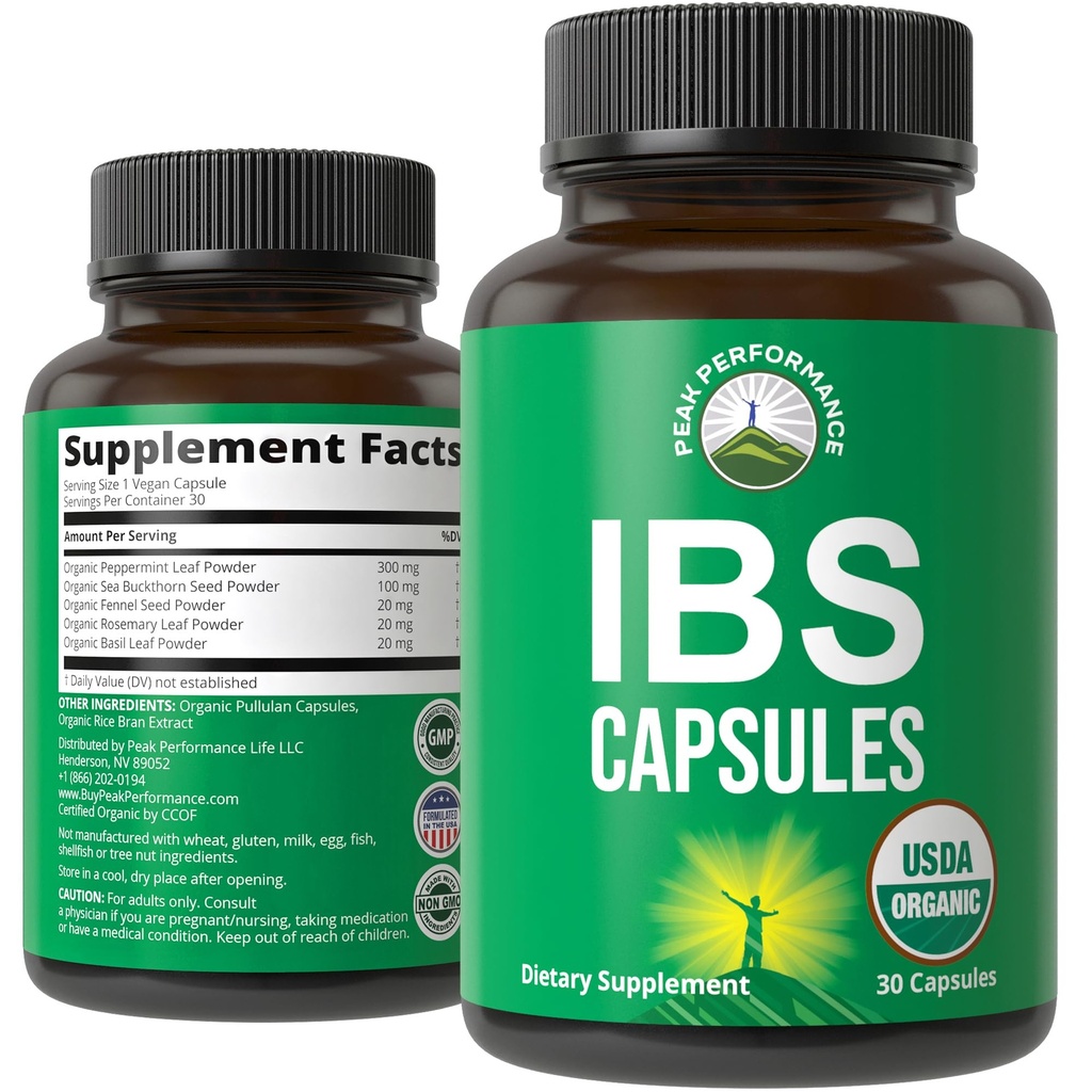 USDA Organic IBS Capsules for Relief, Ingestion, Bloating, Gas. Irritable Bowel Supplement with 5 Handpicked Organic Ingredients. Aceite de menta, Buckthorn de mar, semilla de hinojo, hoja de Rosemary, hoja de basil