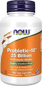 AHORA Alimentos, Probiótico-10TM, 25 billón, con 10 Strains Probióticos, Lácteos, Soy y Gluten Gratis, Verificados de Strain, 180 Capsules de Veg
