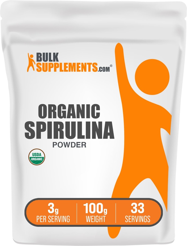 BulkSupplements.com Polvo Espirulina Orgánica - Superalimentos, Polvo Espirulina Verde, Suplemento Herbal - Vegan-Friendly, 3g por Serving, 100g (3.5 oz) (Pack of 1)