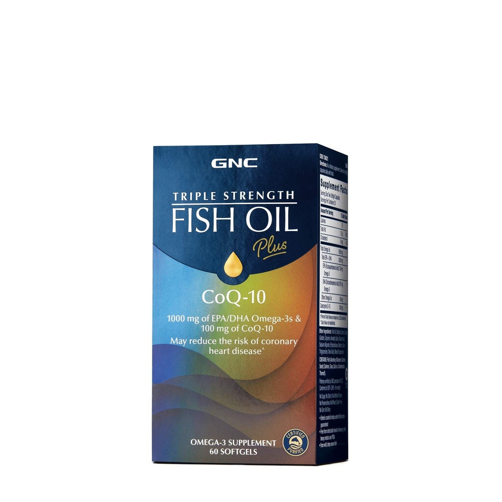 GNC Triple Strength Fish Oil Plus CoQ10 Omega 3 Suplemento, 1000mg EPA y DHA, 100mg CoQ10, Heart and Circulatory Health, Plus Skin, Joint, Brain, and Eye, Coated to Control Fishy Burps, 30 Servings