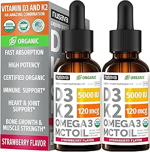 (2 Pack) Vitamina Orgánica D3 K2 gotas 5000 UI con MCT Oil Omega 3 - Maximum Strength Liquid D3 with No Fillers, Non-GMO for Faster Absorption, Immune Support (Strawberry, 2 Fl Oz)
