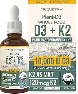 Planta orgánica D3 + K2 - 10.000 iu - All-Trans MK7 de MenaQ7 (120 mcg K2)100% Orgánica &amp; Sublingual de base vegetal D3 Drops (Cholecalciferol), 100% Vegan - Soporta la inmunidad, la bonificación, el mood & Brain (2 Pack)
