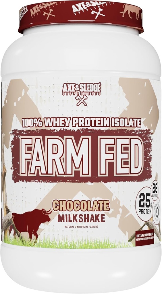 Axe &amp; Sledge Farm Fed 100% Whey Protein Isolate TEN 25g Protein ← Low Carb, Low Sugar, Gluten Free ← Protein Powder for Men and Women TEN Keto TEN Made in The USA ← 28 Servings, Chocolate Milkshake