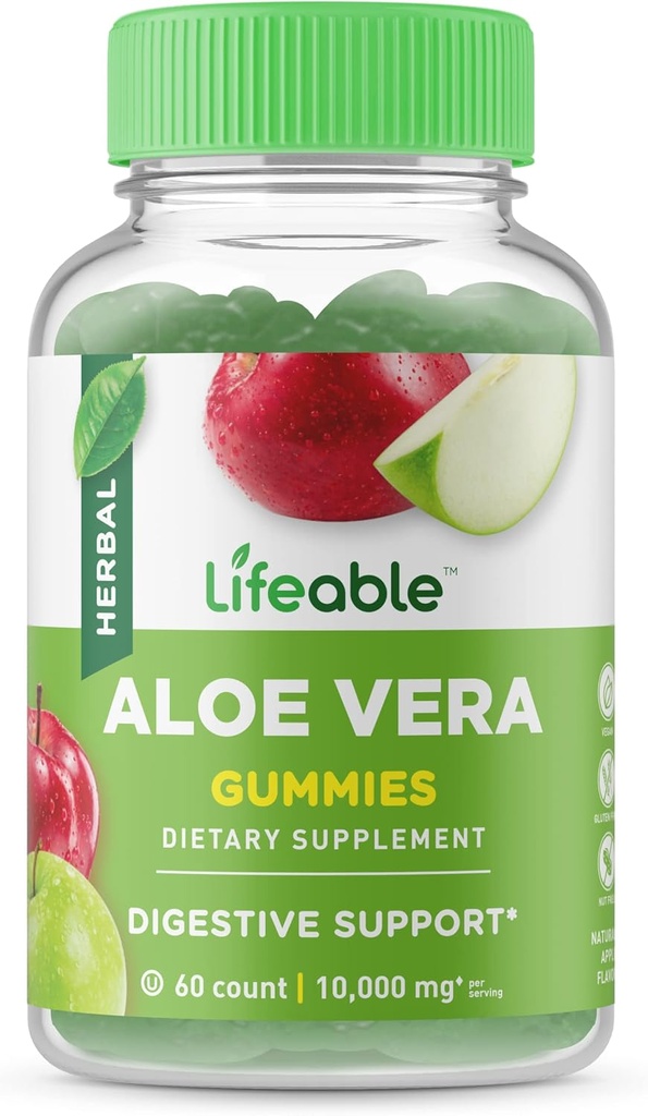 Aloe Vera Suplemento Gummies para Adultos - 10,000 mg - Great Tasting Natural Flavored Gummy - Gluten Free, Vegan, Non-GMO Chewable - para Adultos, Hombres, Mujeres - 60 Gummies - 30 Doses