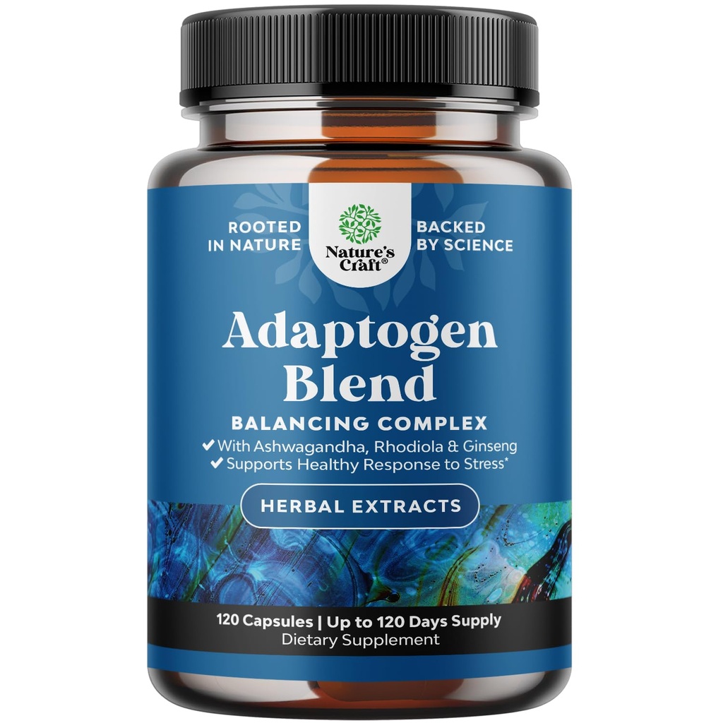 Herbal Adaptogen Mood Support Supplement - Calming Adaptogens Supplement for Stress & Cortisol Management with Ashwagandha Rhodiola Rosea &amp; Maca Root - Vegan Non GMO & Daytime Friendly -120ct