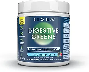 BIOHM Redes Digestivas, Polvo Superalimentario (7.4 Oz, 30 Servidores) Antioxidantes, Vitaminas, Probióticos, Salud Digestiva para Mujeres y Hombres con Enzimas, Beets, Goji, Pomegrante, Sabor Rojo