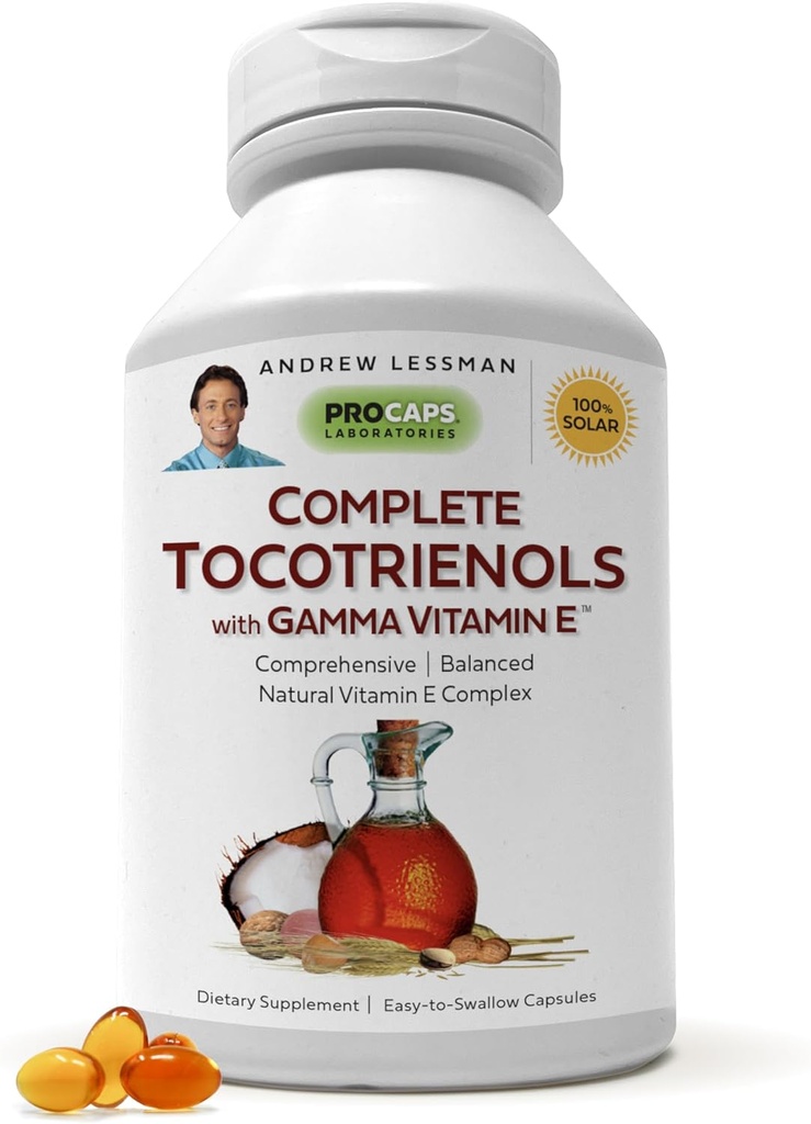 ANDREW LESSMAN Complete Tocotrienols with Gamma Vitamin E 30 Softgels - Ocho Formas de Vitamina E (Alpha, Beta, Gamma, Delta Tocopherols y Tocotrienols). Potente antioxidante. No hay aditivos