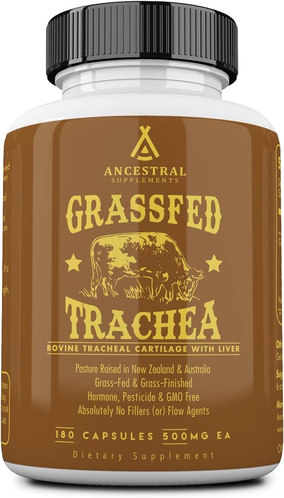 Ancestral Supplements Grass Fed Beef Tracheal Cartilage Supplement with Liver, 3000mg, Immune Health and Joint Support Supplement Promotes Healing, Non-GMO, 180 Capsules