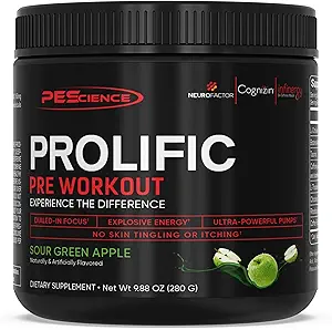 PEScience Prolific Energy Pre Workout – L Citrulline for Nitric Oxide, Rhodiola & CDP Choline Nootropic for Focus – Preworkout for Men & Women – 40 Scoops, Sour Green Apple