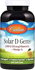 Carlson - Solar D Gems, Vitamina D3 y Omega-3 Suplemento, 2000 IU Vitamina D3, 115 mg Omega-3s EPA y DHA, Vitamina D Fish Oil Capsule, Bone & Immune Health, Vitamina D Suplemento, Lemon, 360 Softgels
