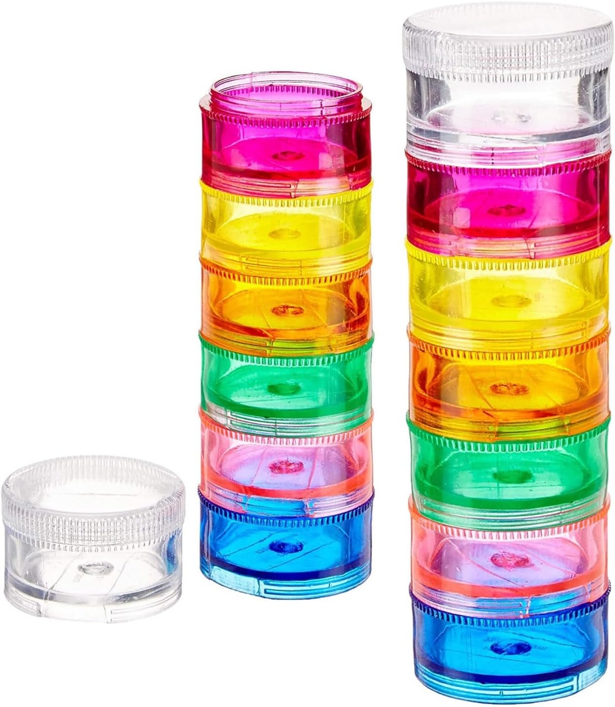 Deke Home - Organizador de píldoras fijas (2 Pack), 7 Días Torre de la caja semanal con elementos de cerradura Twist, libre de BPA, dispensador de medicamentos para viajes y dispensador de vitaminas, caso compacto y portátil, color arco iris