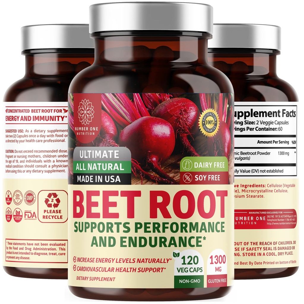 N1N Premium Organic Beet Root Capsules 1300mg 120 Veg Caps [No-GMO &amp; Gluten Gratis] All Natural Beet Root Powder for Energy Support