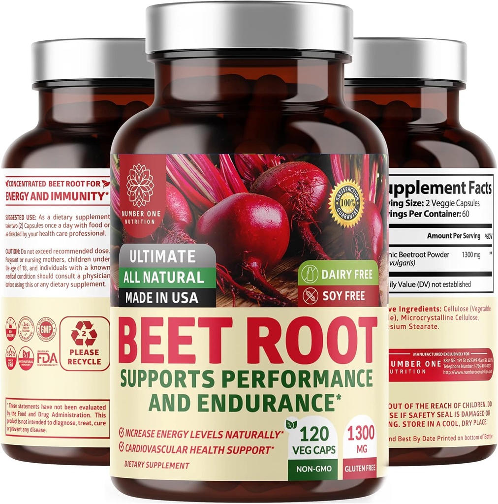 N1N Premium Organic Beet Root Capsules 1300mg 120 Veg Caps [Non-GMO & Gluten Free] All Natural Beet Root Powder for Energy Support