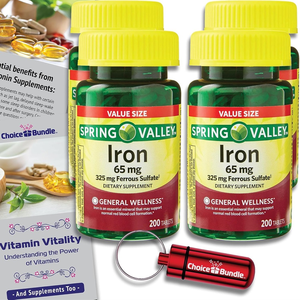 Spring Valley Iron Tablets Dietary Supplement Value Size 65 mg 200 CT 4 Pk Choice Bundle (800 Total) + Vitality Guide " Pill Container (6 Items)!