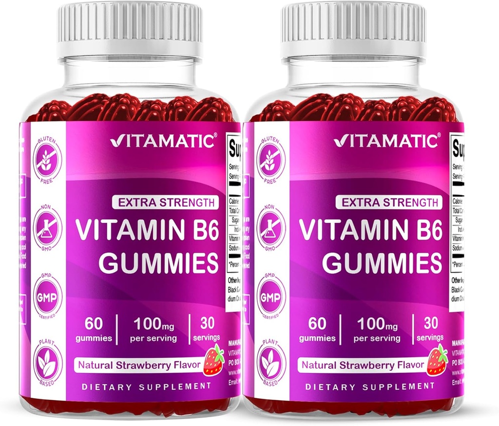 Vitamatic 2 Packs Vitamina B6 100mg Gummies – Natural Strawberry Flavor – 60 Gummies basadas en Pectina por botella – Sistema nervioso &amp; Apoyo energético