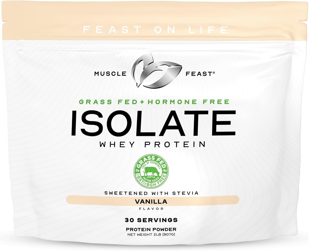 Muscle Feast Grass-Fed Whey Protein Isolate, All Natural Hormone Free Pasture Raised, Whey Isolate Protein Powder for Hombre and Women, Clean, Gluten-Free, Delicious Isolate Protein - Vanilla, 2lb