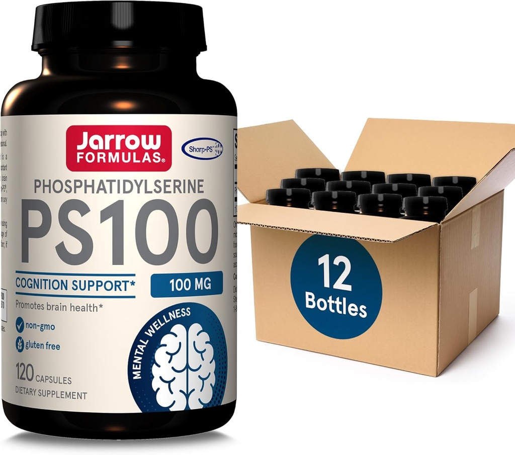 Fórmulas Jarrow PS100 Phosphatidylserine 100 mg, Suplemento dietético para la salud del cerebro y el apoyo a la cognición, 120 cápsulas, 40-120 fuente de día, paquete de 12