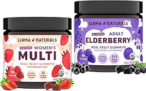 Llama Naturals Adult Elderberry Gummies + Mujer Multivitamin Gummies Bundle  No Añadido Sugar Cane ← Vegan ← Orgánica 2 Bottles
