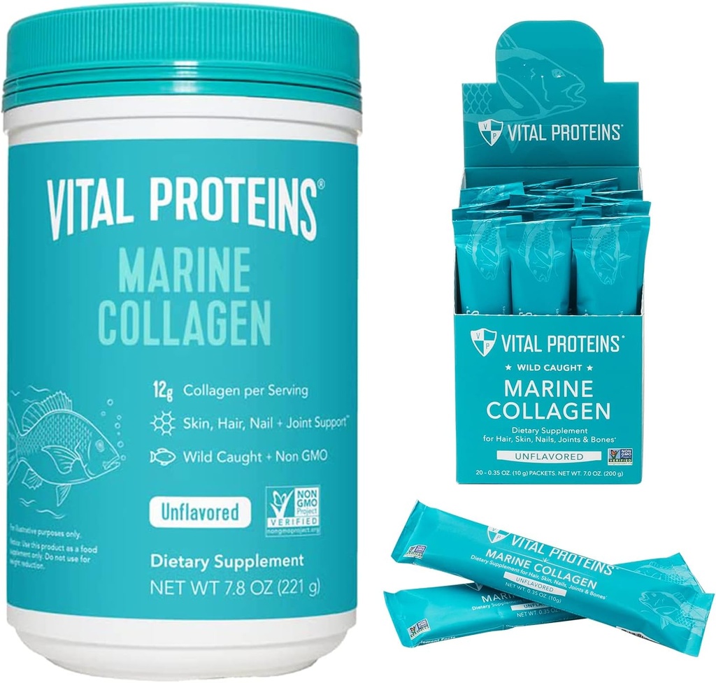 Proteínas Vitales Peptides de Collagen Marine Powder Suplemento 7.8 oz Canister + Stick Packs (10 g) (Box of 20)