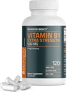 Bronson Vitamina B1 Extra Strength 500 MG High Potency Non-GMO, 120 cápsulas