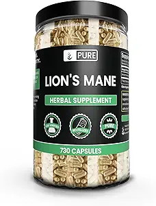 PURE ORIGINAL INGREDIENTES Mane de León (730 capsules) No hay magnesio o rifles de arroz, siempre puro, Verificado
