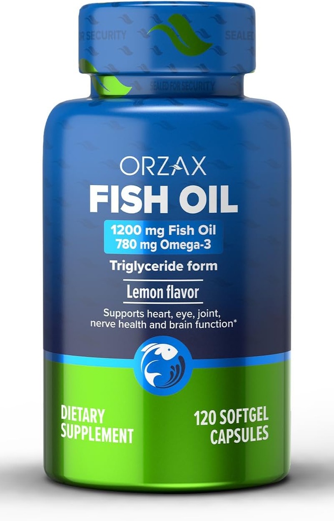 ORZAX Omega 3 Fish Oil 1200 mg - EPA DHA Omega 3 Suplemento - Promueve Corazón, Ojo, Conjunto, Nerve, Inmune, Cerebro y Sangre Salud - Burpless & Lemon Flavored - No GMO - 120 Softgels - 60 Day Supply